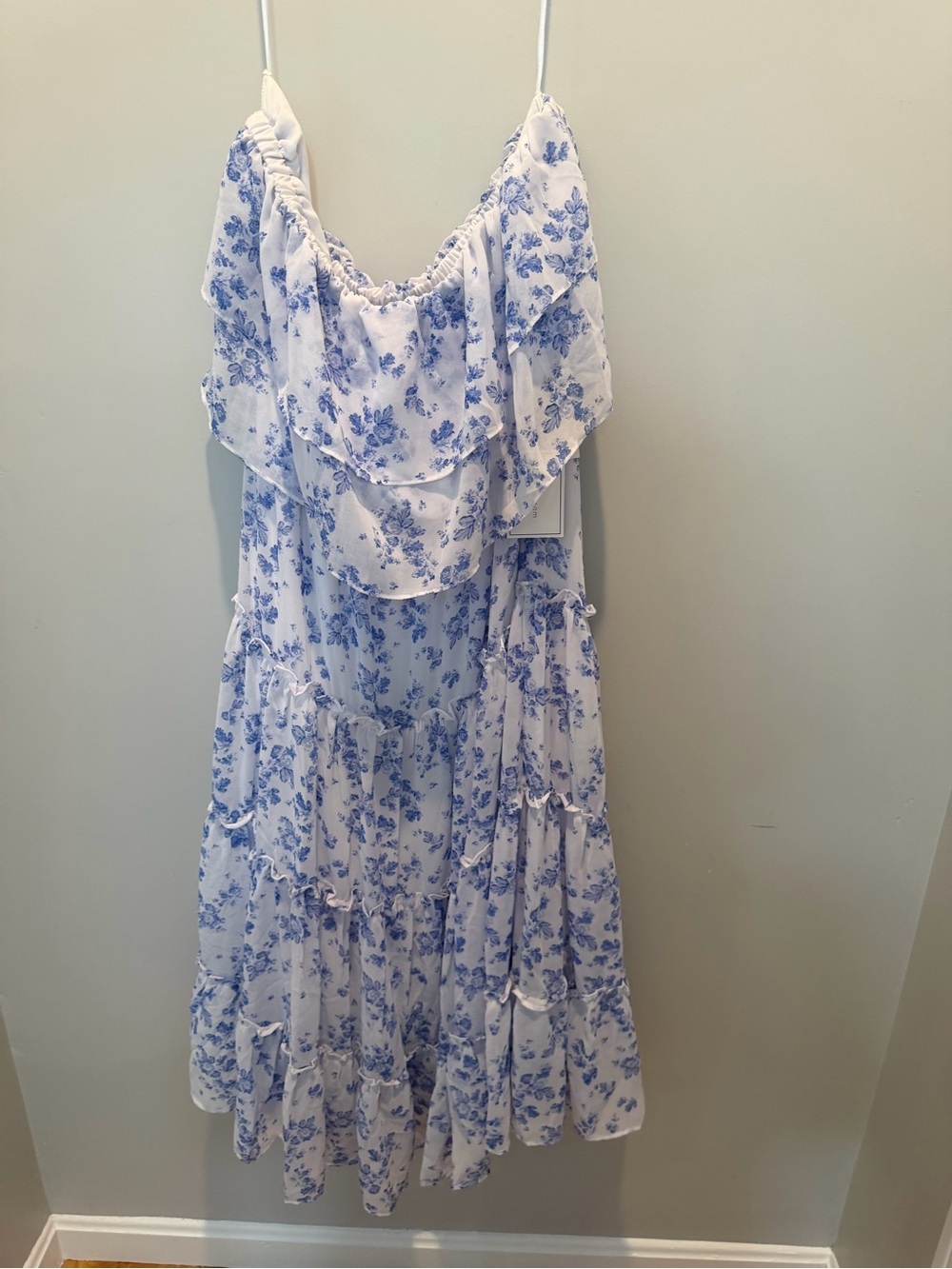 1. State White Strapless Midi Dress with Blue Floral Print - Picture 7 of 7